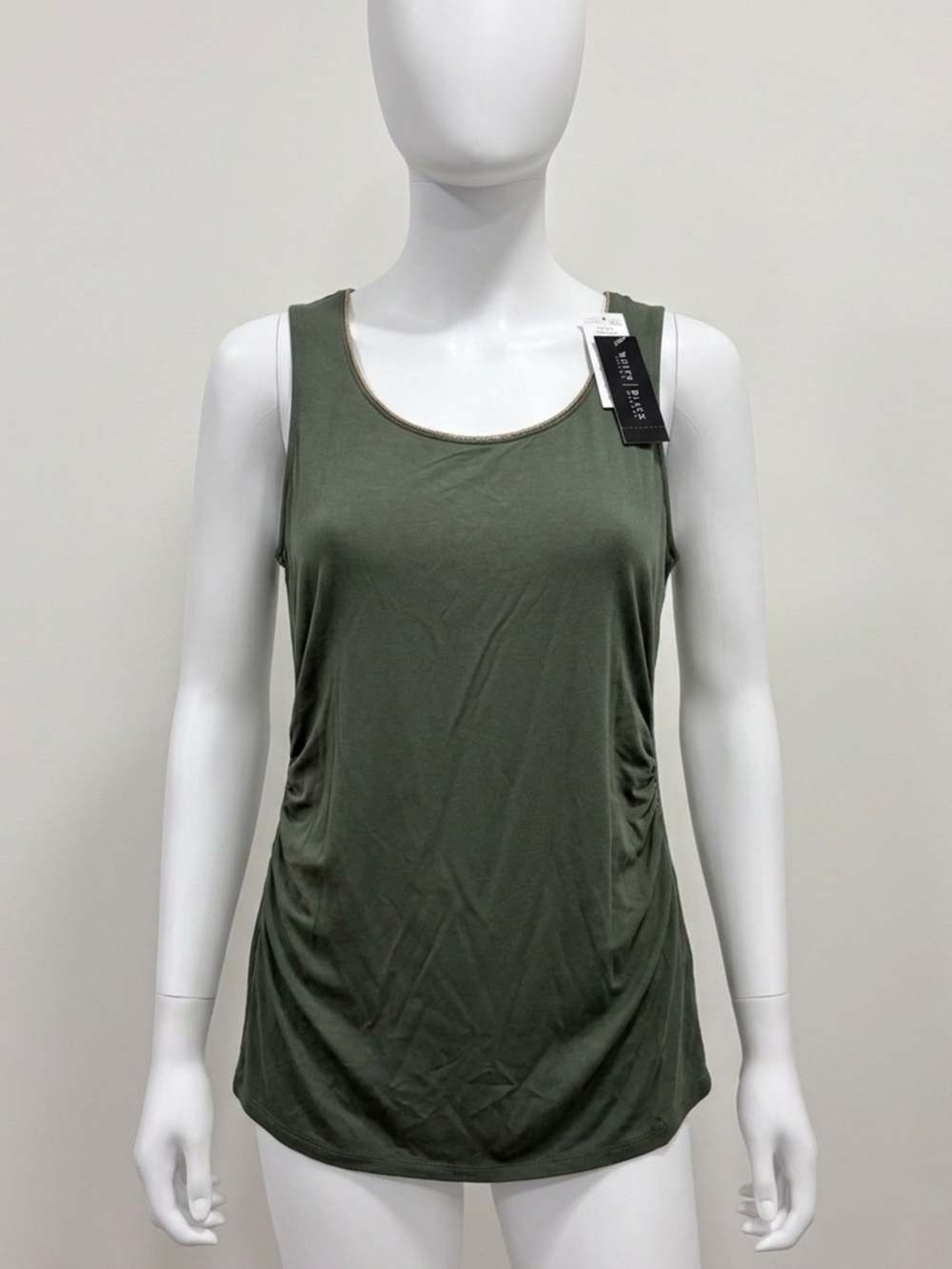 NWT WHBM Ivy Green Ruched Tank Gold Trim Lagenlook BikerCore GoldDetail Summer M